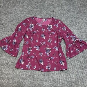 Elle Womens Medium Purple Pink Floral Blouse Scoop Neck Bell Sleeve